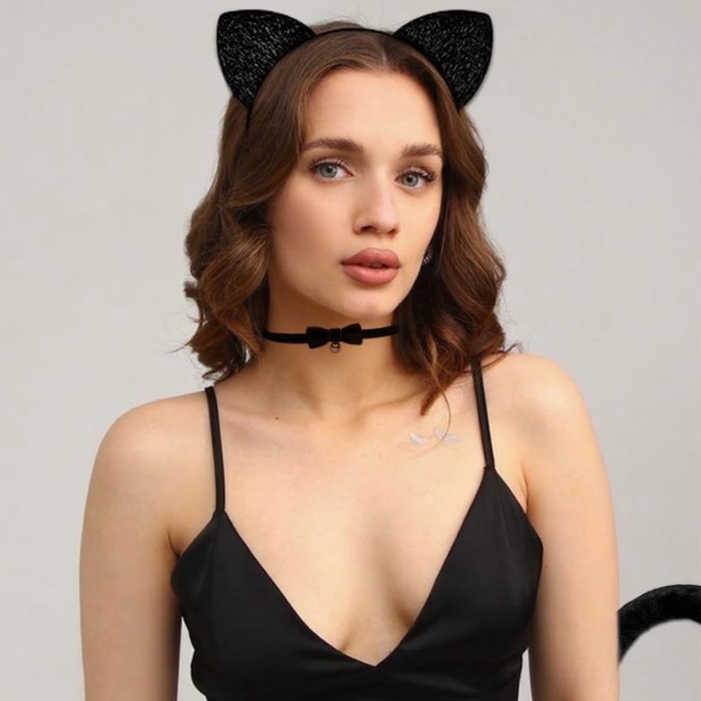 💞 New 3-Piece Black Kitty Cat Ear Headband, Choker, & Tail Costume Accessory Set